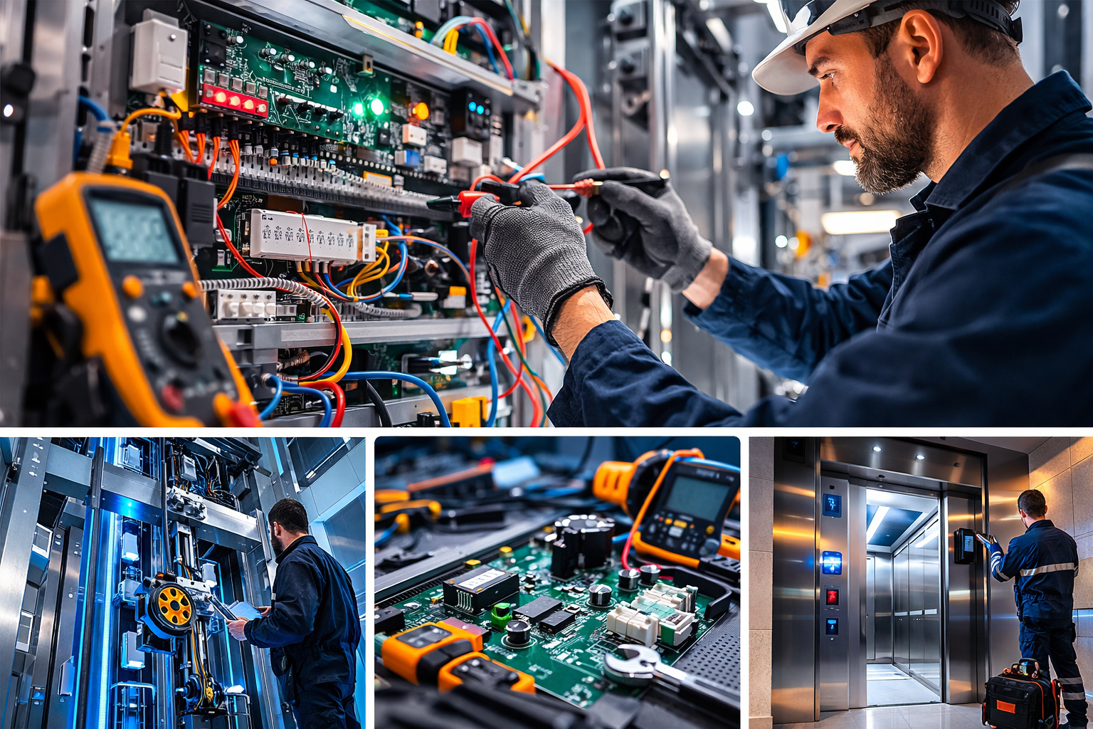 Technicien ADLC travaillant sur une électronique d’ascenseur